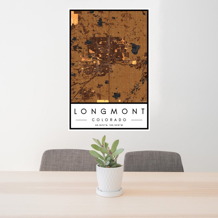 24x36 Longmont Colorado Map Print Portrait Orientation in Ember Style Behind 2 Chairs Table and Potted Plant