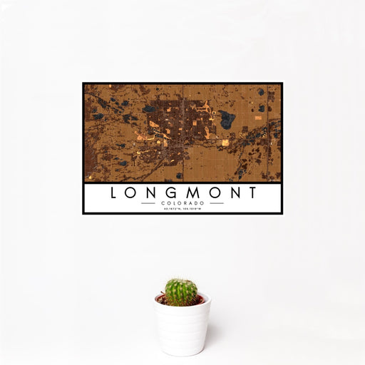 12x18 Longmont Colorado Map Print Landscape Orientation in Ember Style With Small Cactus Plant in White Planter