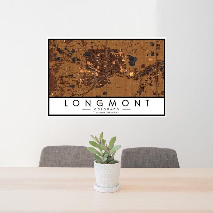 24x36 Longmont Colorado Map Print Landscape Orientation in Ember Style Behind 2 Chairs Table and Potted Plant