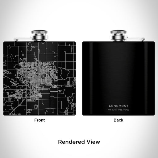 Rendered View of Longmont Colorado Map Engraving on 6oz Stainless Steel Flask in Black