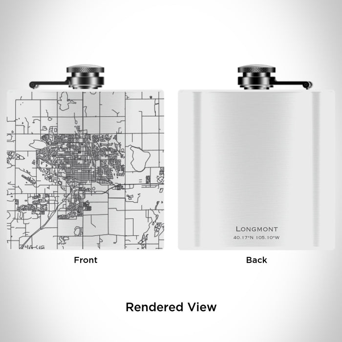 Rendered View of Longmont Colorado Map Engraving on 6oz Stainless Steel Flask in White