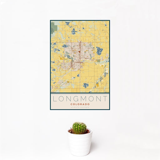12x18 Longmont Colorado Map Print Portrait Orientation in Woodblock Style With Small Cactus Plant in White Planter