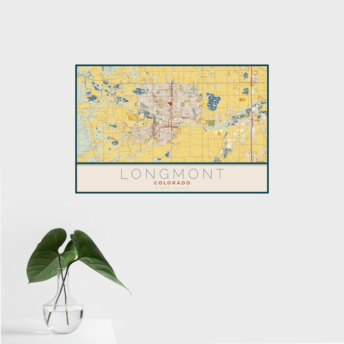 16x24 Longmont Colorado Map Print Landscape Orientation in Woodblock Style With Tropical Plant Leaves in Water