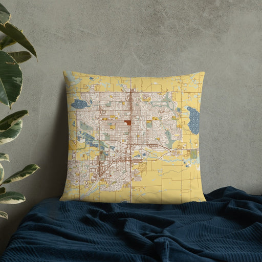 Custom Longmont Colorado Map Throw Pillow in Woodblock on Bedding Against Wall