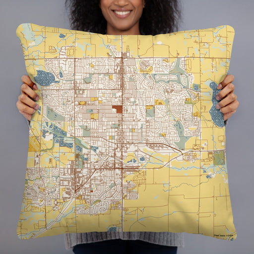 Person holding 22x22 Custom Longmont Colorado Map Throw Pillow in Woodblock