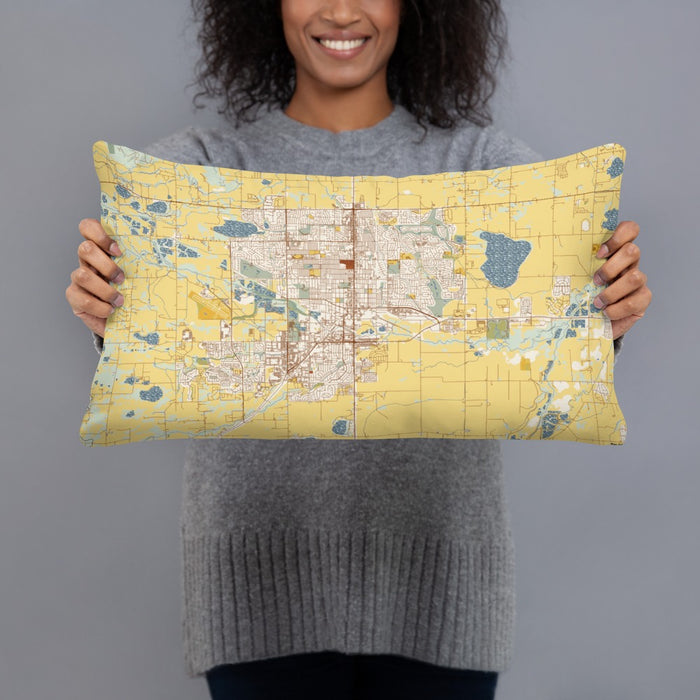 Person holding 20x12 Custom Longmont Colorado Map Throw Pillow in Woodblock