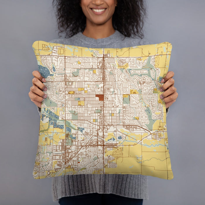 Person holding 18x18 Custom Longmont Colorado Map Throw Pillow in Woodblock