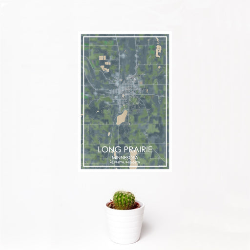 12x18 Long Prairie Minnesota Map Print Portrait Orientation in Afternoon Style With Small Cactus Plant in White Planter