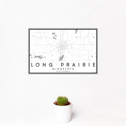 12x18 Long Prairie Minnesota Map Print Landscape Orientation in Classic Style With Small Cactus Plant in White Planter