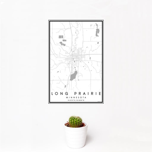 12x18 Long Prairie Minnesota Map Print Portrait Orientation in Classic Style With Small Cactus Plant in White Planter