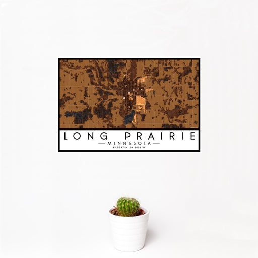12x18 Long Prairie Minnesota Map Print Landscape Orientation in Ember Style With Small Cactus Plant in White Planter