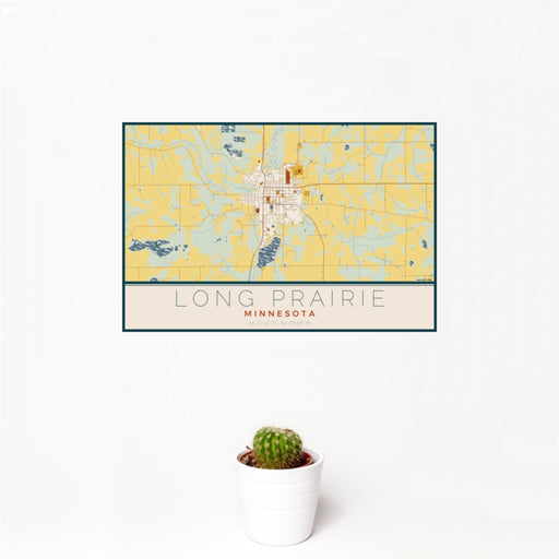 12x18 Long Prairie Minnesota Map Print Landscape Orientation in Woodblock Style With Small Cactus Plant in White Planter