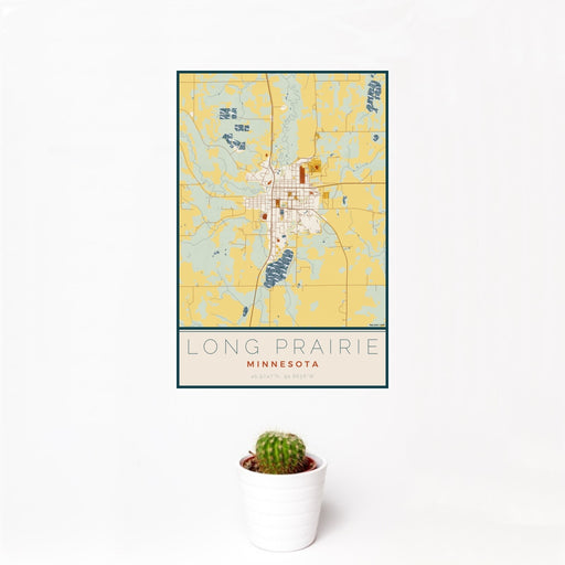 12x18 Long Prairie Minnesota Map Print Portrait Orientation in Woodblock Style With Small Cactus Plant in White Planter