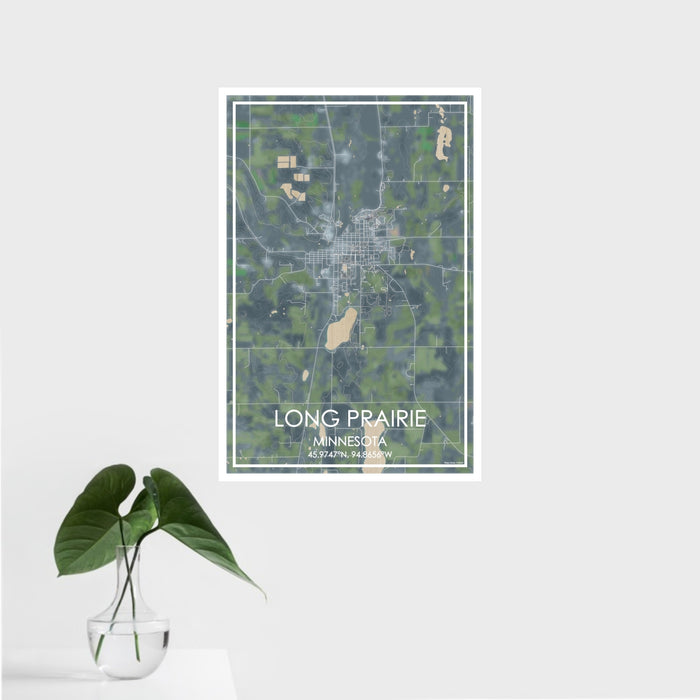 16x24 Long Prairie Minnesota Map Print Portrait Orientation in Afternoon Style With Tropical Plant Leaves in Water