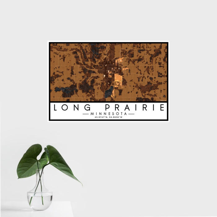 16x24 Long Prairie Minnesota Map Print Landscape Orientation in Ember Style With Tropical Plant Leaves in Water