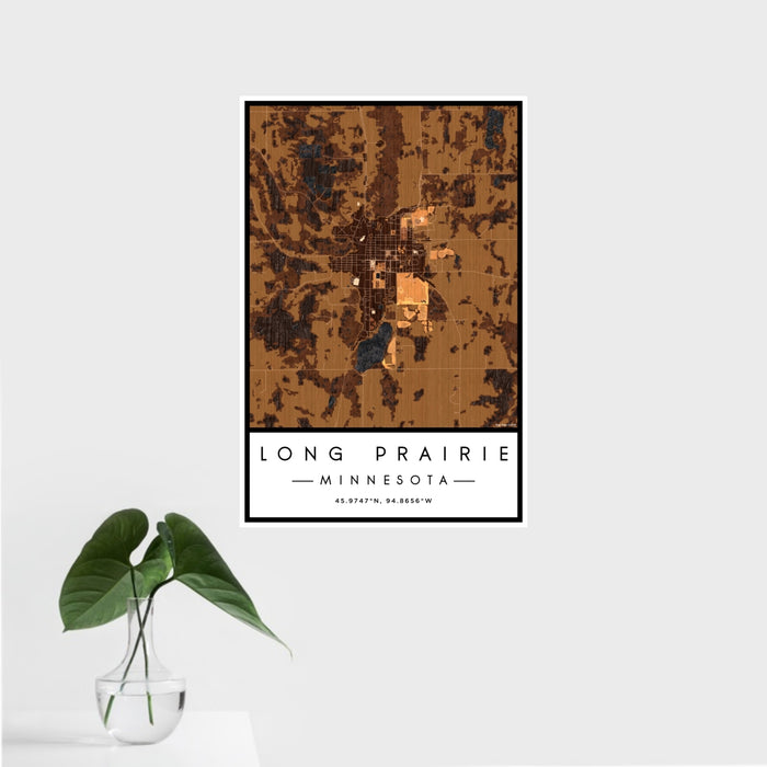 16x24 Long Prairie Minnesota Map Print Portrait Orientation in Ember Style With Tropical Plant Leaves in Water