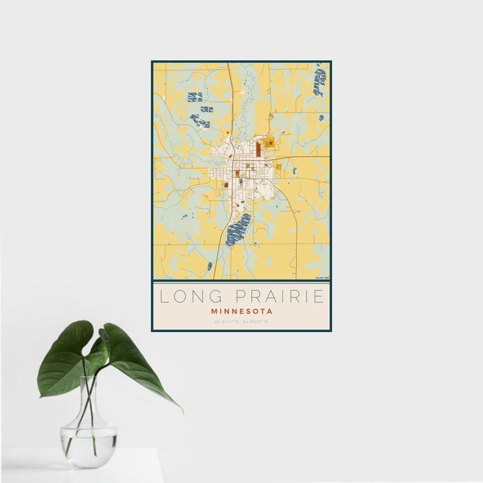 16x24 Long Prairie Minnesota Map Print Portrait Orientation in Woodblock Style With Tropical Plant Leaves in Water