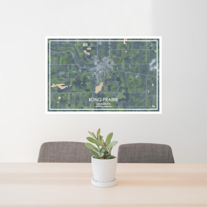 24x36 Long Prairie Minnesota Map Print Lanscape Orientation in Afternoon Style Behind 2 Chairs Table and Potted Plant