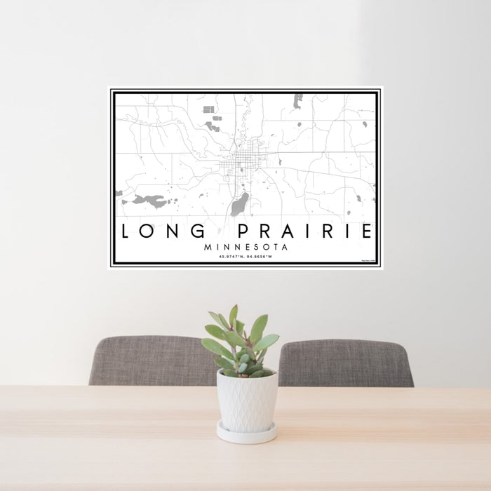 24x36 Long Prairie Minnesota Map Print Lanscape Orientation in Classic Style Behind 2 Chairs Table and Potted Plant