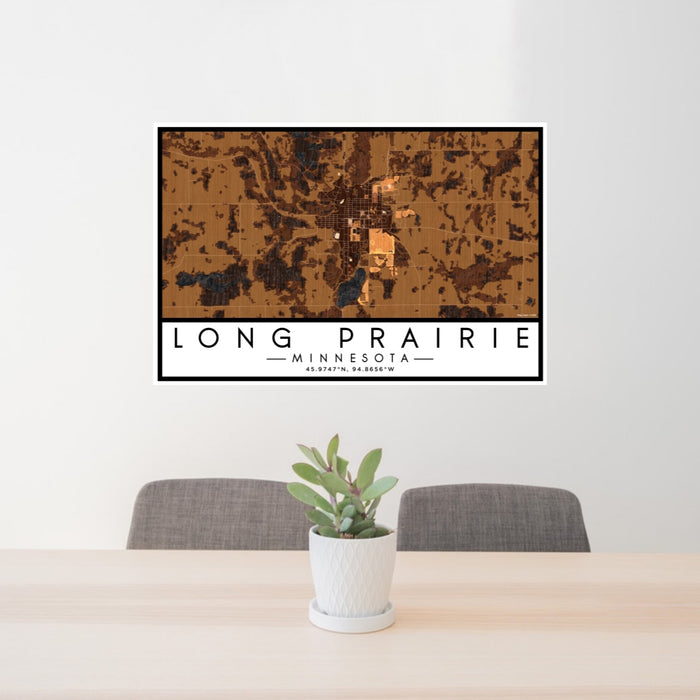 24x36 Long Prairie Minnesota Map Print Lanscape Orientation in Ember Style Behind 2 Chairs Table and Potted Plant