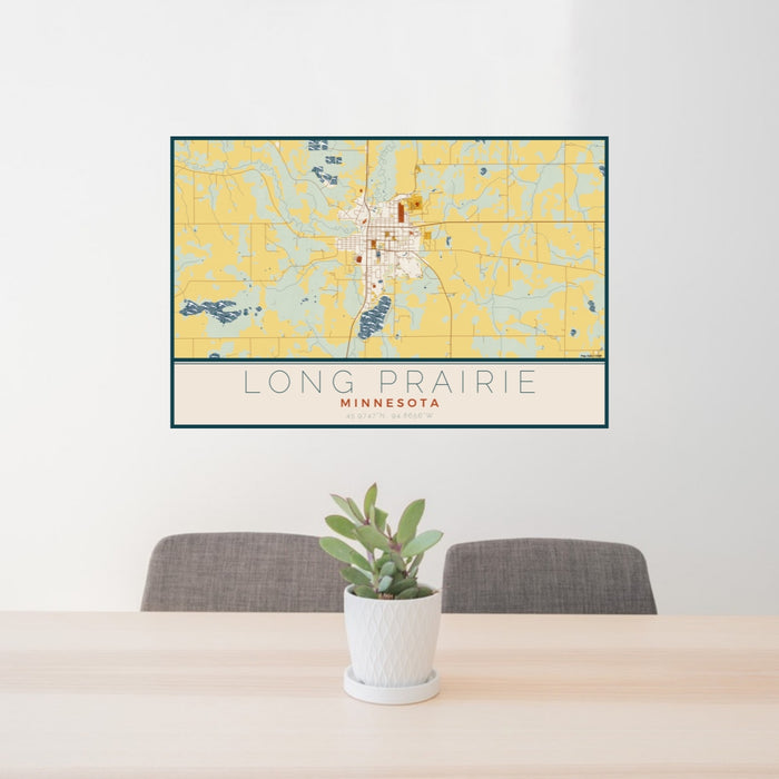 24x36 Long Prairie Minnesota Map Print Lanscape Orientation in Woodblock Style Behind 2 Chairs Table and Potted Plant
