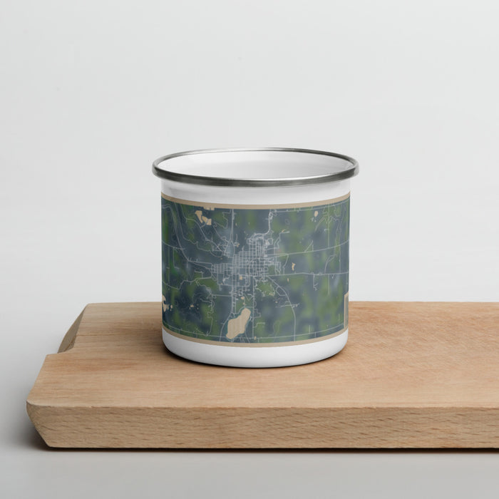 Front View Custom Long Prairie Minnesota Map Enamel Mug in Afternoon on Cutting Board