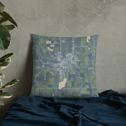 Custom Long Prairie Minnesota Map Throw Pillow in Afternoon on Bedding Against Wall