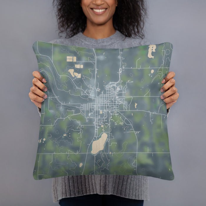 Person holding 18x18 Custom Long Prairie Minnesota Map Throw Pillow in Afternoon