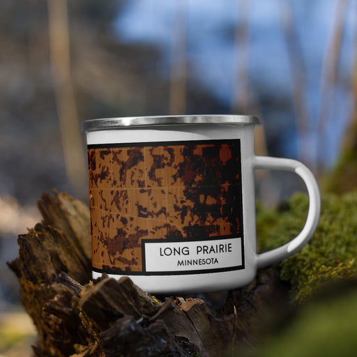 Right View Custom Long Prairie Minnesota Map Enamel Mug in Ember on Grass With Trees in Background