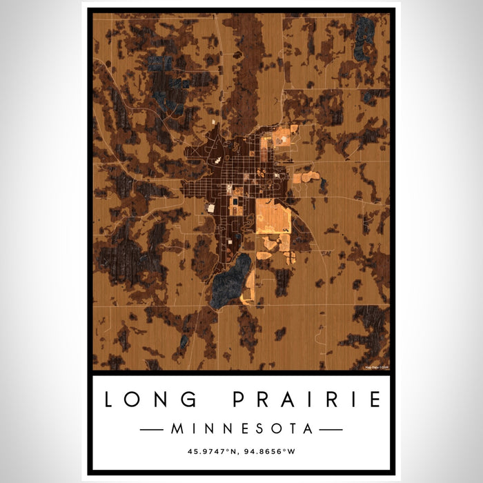 Long Prairie Minnesota Map Print Portrait Orientation in Ember Style With Shaded Background