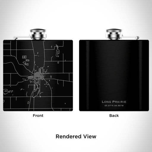 Rendered View of Long Prairie Minnesota Map Engraving on 6oz Stainless Steel Flask in Black