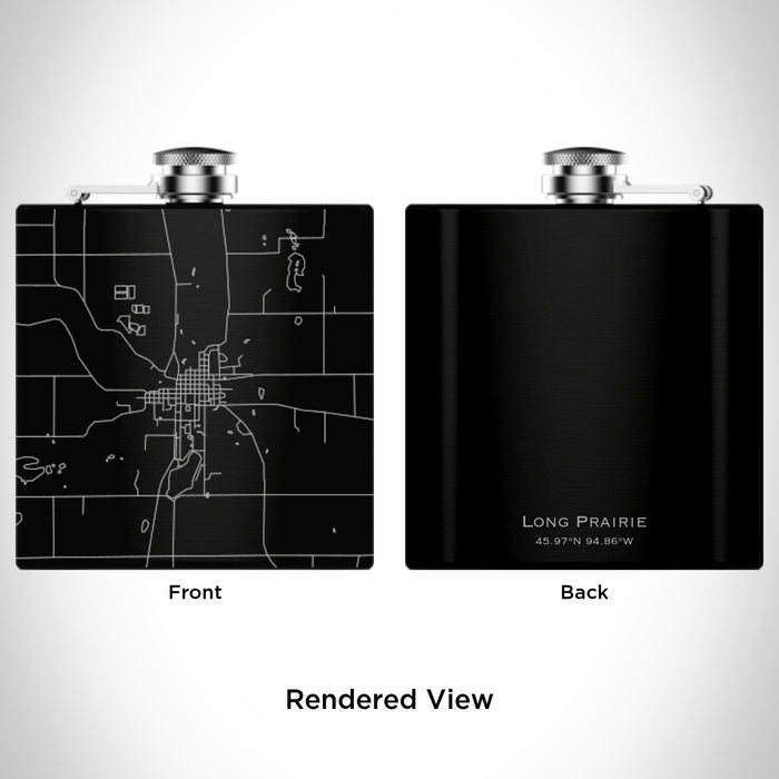 Rendered View of Long Prairie Minnesota Map Engraving on 6oz Stainless Steel Flask in Black