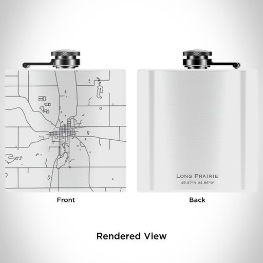 Rendered View of Long Prairie Minnesota Map Engraving on 6oz Stainless Steel Flask in White