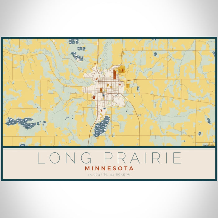 Long Prairie Minnesota Map Print Landscape Orientation in Woodblock Style With Shaded Background