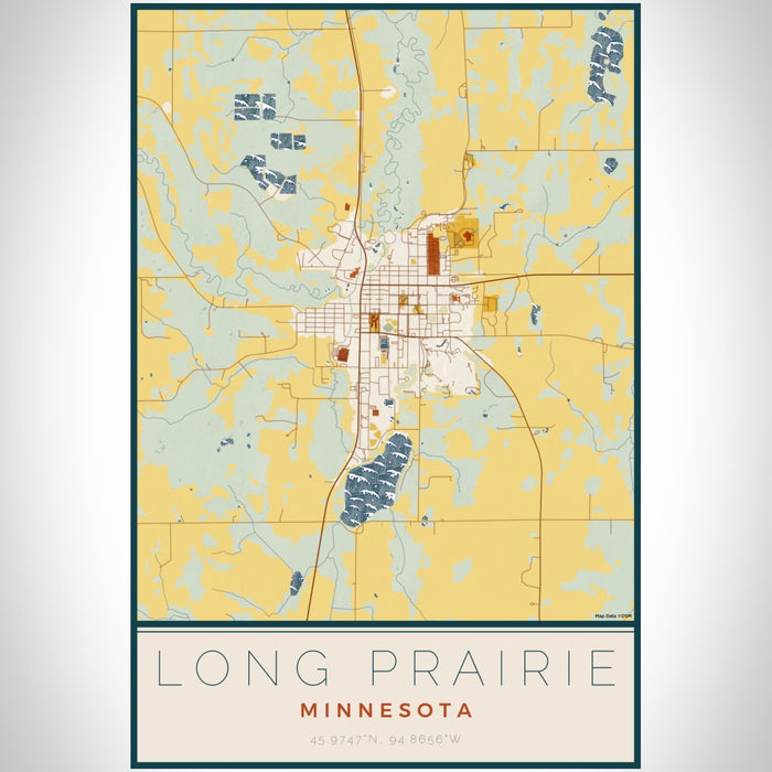 Long Prairie Minnesota Map Print Portrait Orientation in Woodblock Style With Shaded Background