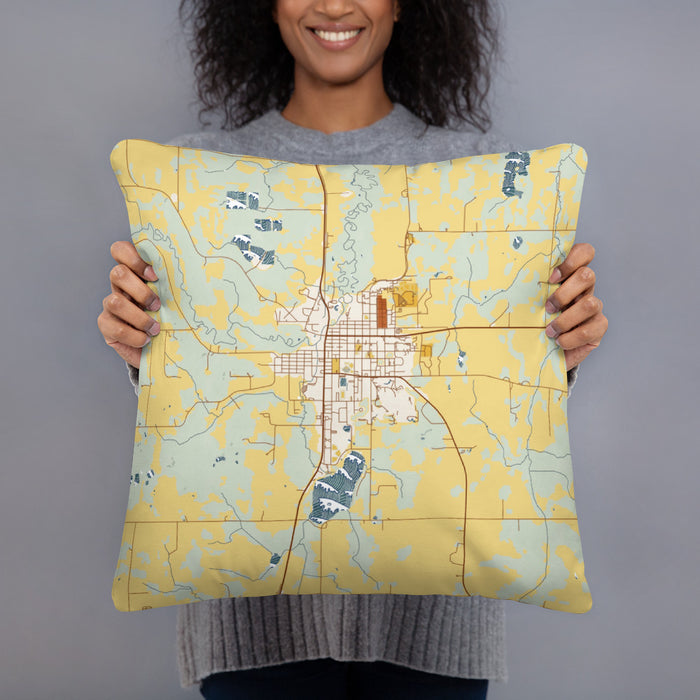 Person holding 18x18 Custom Long Prairie Minnesota Map Throw Pillow in Woodblock