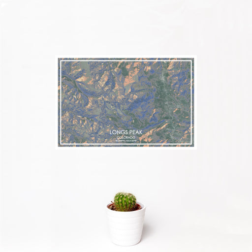 12x18 Longs Peak Colorado Map Print Landscape Orientation in Afternoon Style With Small Cactus Plant in White Planter