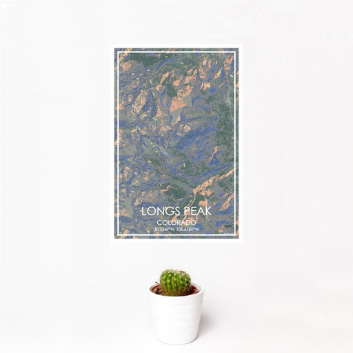 12x18 Longs Peak Colorado Map Print Portrait Orientation in Afternoon Style With Small Cactus Plant in White Planter