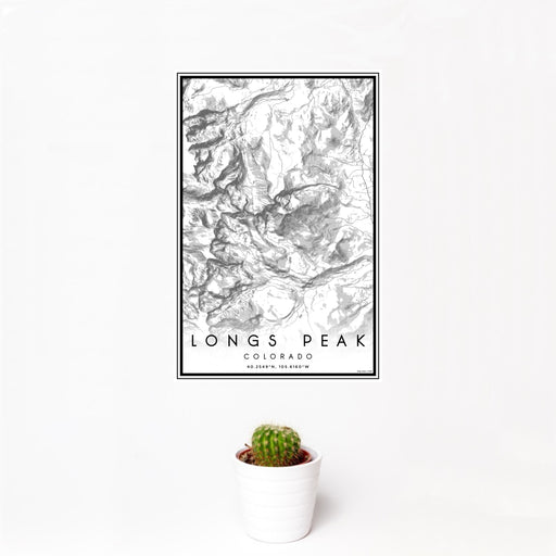 12x18 Longs Peak Colorado Map Print Portrait Orientation in Classic Style With Small Cactus Plant in White Planter