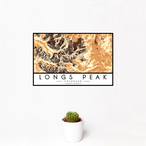 12x18 Longs Peak Colorado Map Print Landscape Orientation in Ember Style With Small Cactus Plant in White Planter