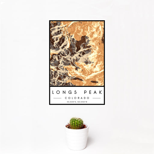 12x18 Longs Peak Colorado Map Print Portrait Orientation in Ember Style With Small Cactus Plant in White Planter