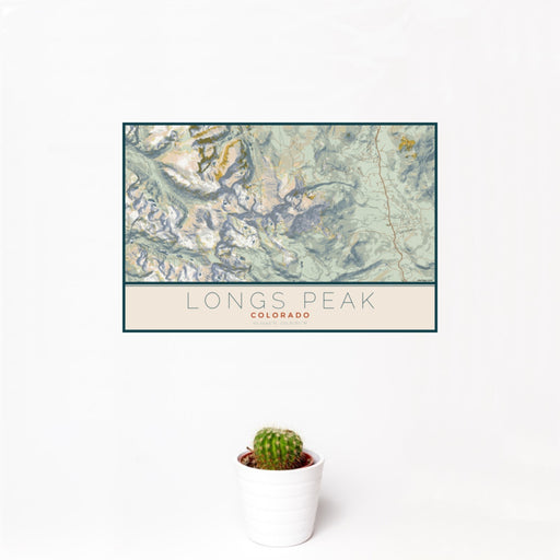 12x18 Longs Peak Colorado Map Print Landscape Orientation in Woodblock Style With Small Cactus Plant in White Planter