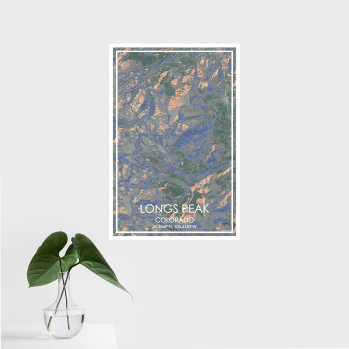 16x24 Longs Peak Colorado Map Print Portrait Orientation in Afternoon Style With Tropical Plant Leaves in Water