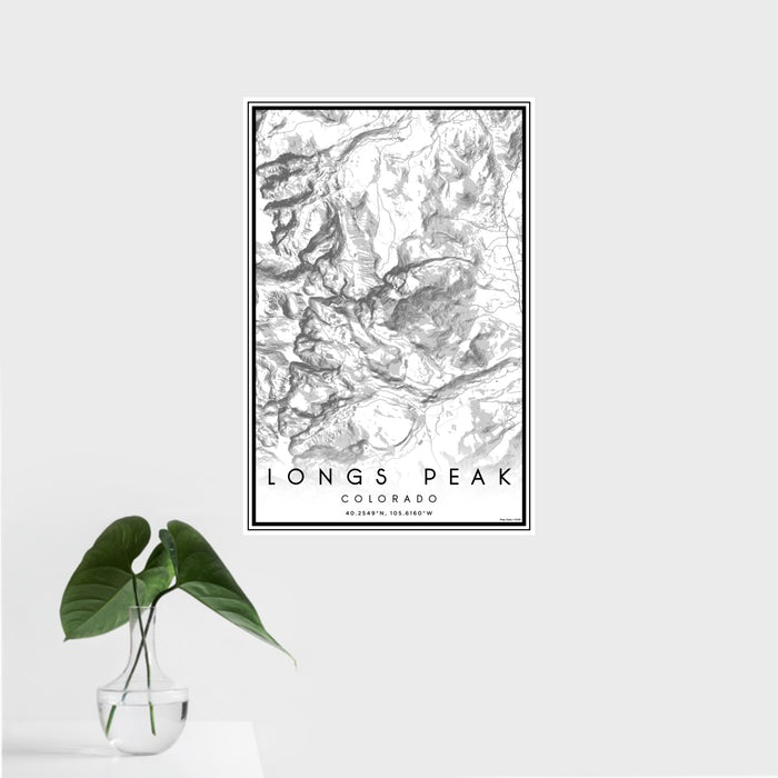 16x24 Longs Peak Colorado Map Print Portrait Orientation in Classic Style With Tropical Plant Leaves in Water