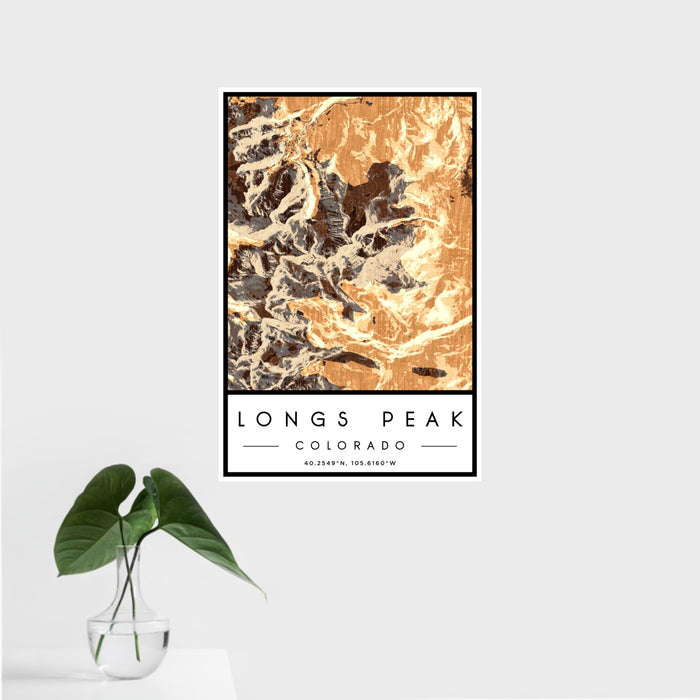 16x24 Longs Peak Colorado Map Print Portrait Orientation in Ember Style With Tropical Plant Leaves in Water