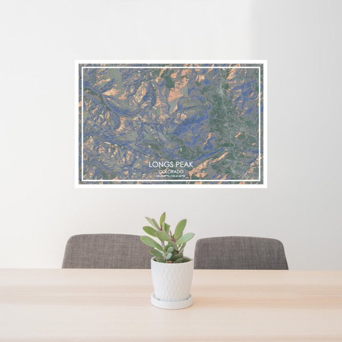 24x36 Longs Peak Colorado Map Print Lanscape Orientation in Afternoon Style Behind 2 Chairs Table and Potted Plant