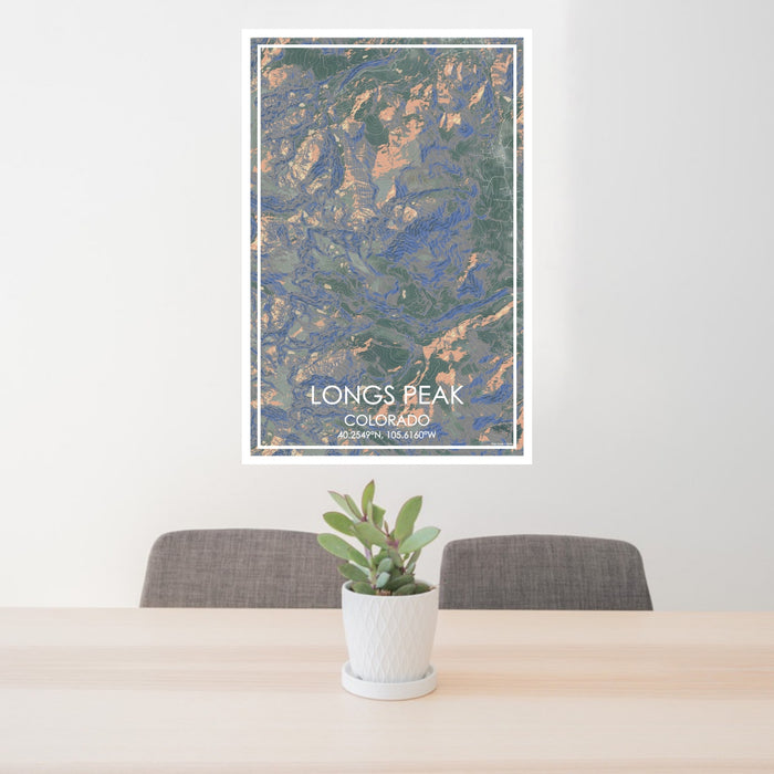 24x36 Longs Peak Colorado Map Print Portrait Orientation in Afternoon Style Behind 2 Chairs Table and Potted Plant