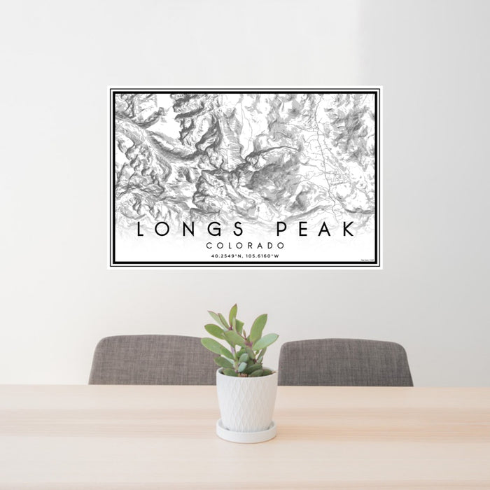 24x36 Longs Peak Colorado Map Print Lanscape Orientation in Classic Style Behind 2 Chairs Table and Potted Plant