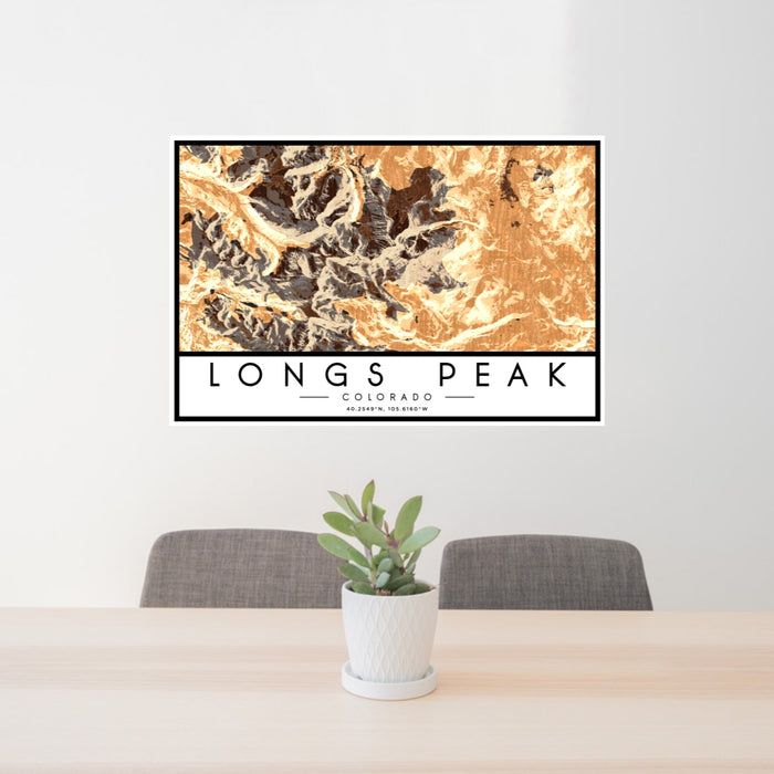 24x36 Longs Peak Colorado Map Print Lanscape Orientation in Ember Style Behind 2 Chairs Table and Potted Plant