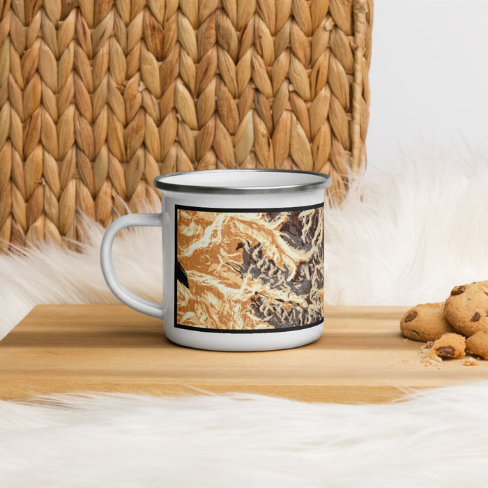 Left View Custom Longs Peak Colorado Map Enamel Mug in Ember on Table Top